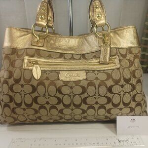 Coach Penelope Large Gold Beige Purse Signature Canvas Leather Straps Accents